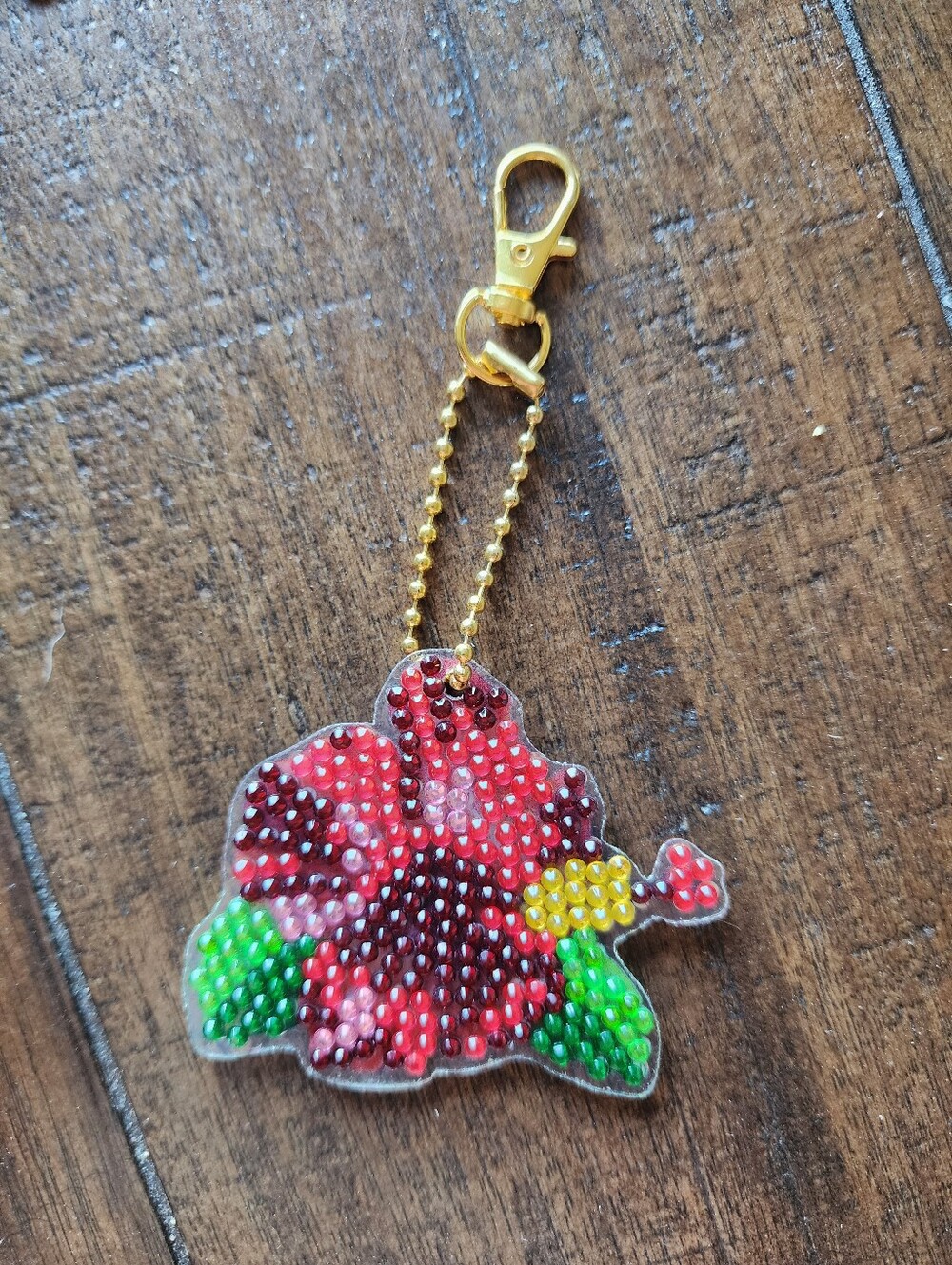 Gold Floral Beaded Keychain Charm - Red